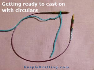 image showing circular knitting needles set up with a slip knot first stitch ready to cast on