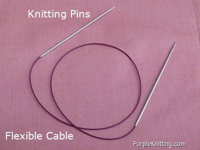 circular knitting needle showing the different parts - knitting pins and the flexible cable joining them