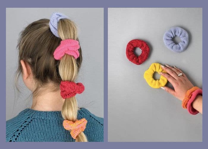 completed scrunchie in hair of young girl made from free scrunchie knitting pattern
